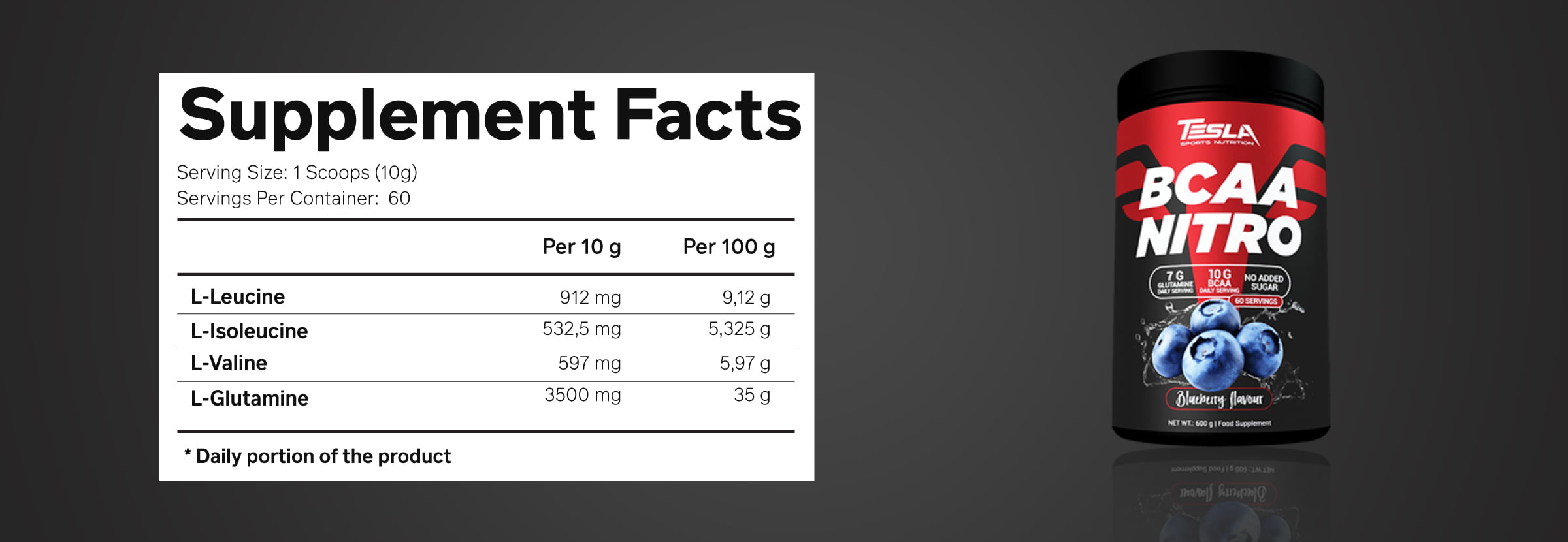 جدول حقائق تغذية - تسلا - BCAA نيترو - توت ازرق - 600جم