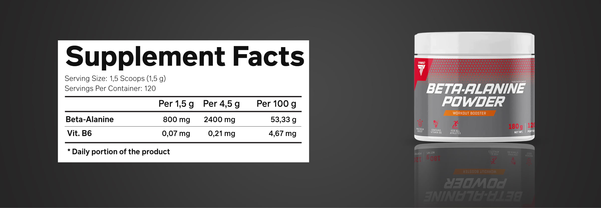 جدول حقائق تغذية - تريك - Beta-Alanine باودر بطيخ - 180جم